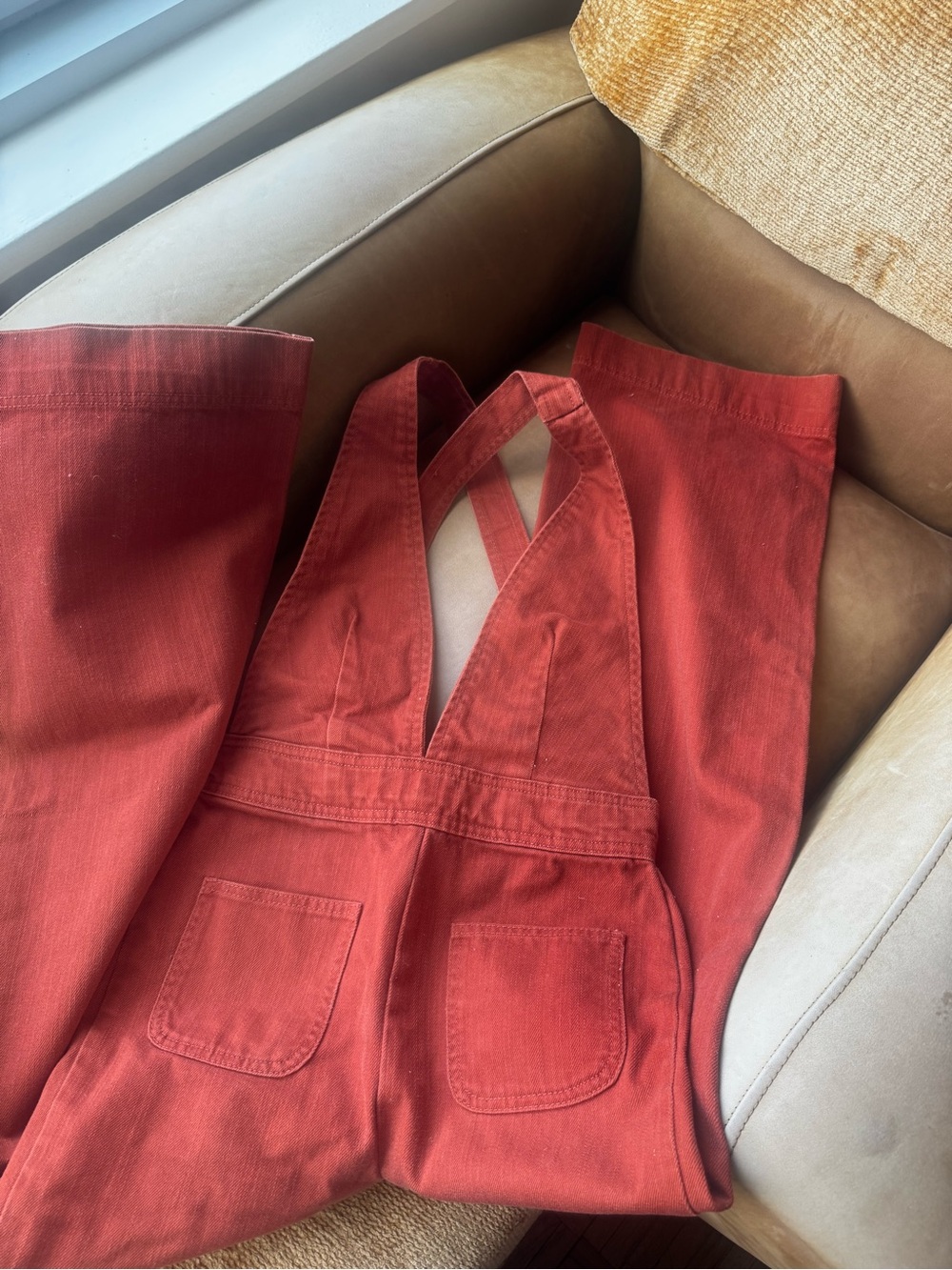 BDG Rust Red Plunging Wide-Leg Denim Overalls